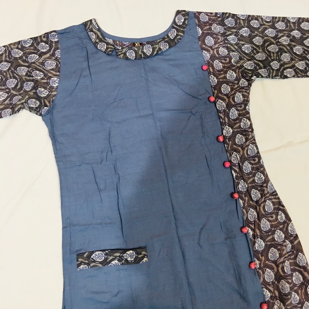 NWT Pigeon Blue and Brown Peacock Pom Pom Tunic Maxi Dress Indian Pakistani - Picture 2 of 9